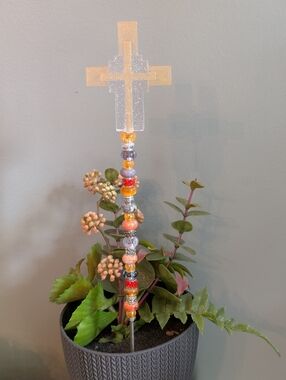 "Reserved For Britt" Beaded Fairy Wand/Plant/Garden W/Resin Cross Topper